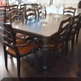 F23. Painted dining table and 8 chairs. 30” x 48” x 47” with 2 leaves (18”each) 